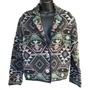 Vintage‎ Aztec Pattern Jacket Size Small Southwest 100% Cotton Black Pink Green